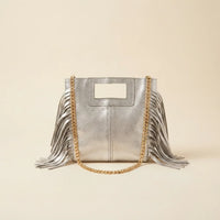 Silver gray fringe satchel bag, front view