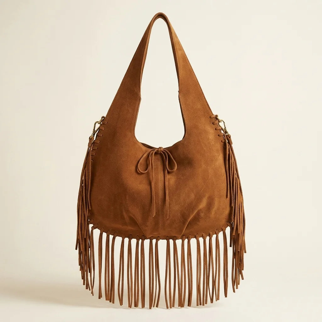 Brown bag with fringe tassel, front view