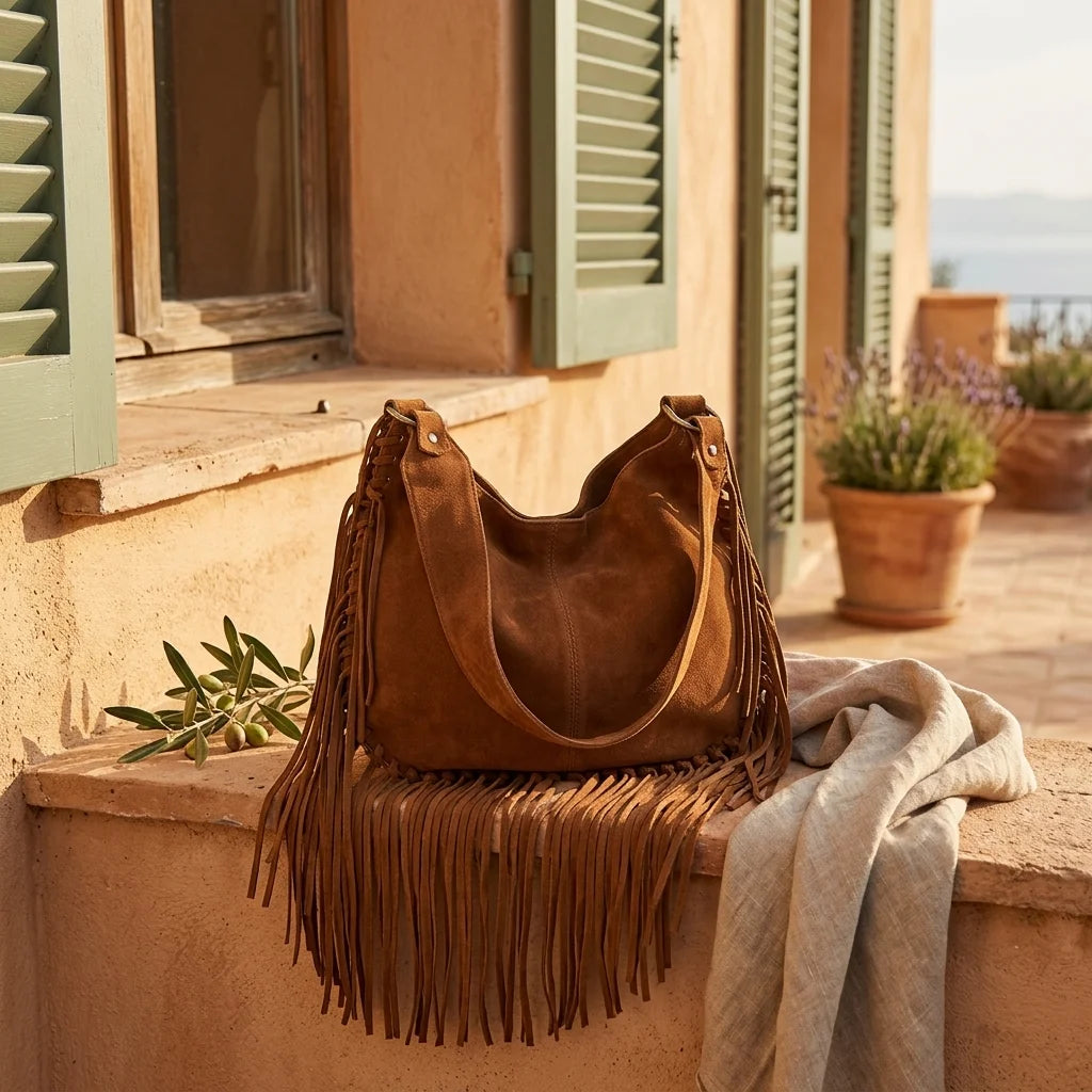 Brown bag with fringe tassel styled in a warm Mediterranean setting