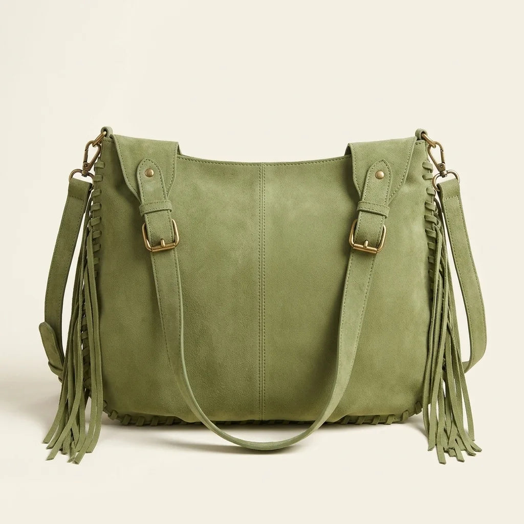 Back panel of Green bag with fringe tassel with strap attachments