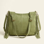 Back panel of Green bag with fringe tassel with strap attachments