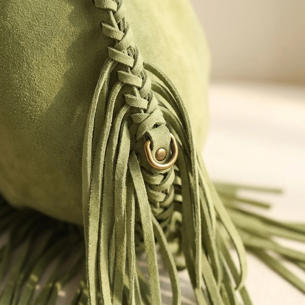 Close-up of fringe stitching and texture on Green bag with fringe tassel