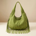 Green bag with fringe tassel, front view