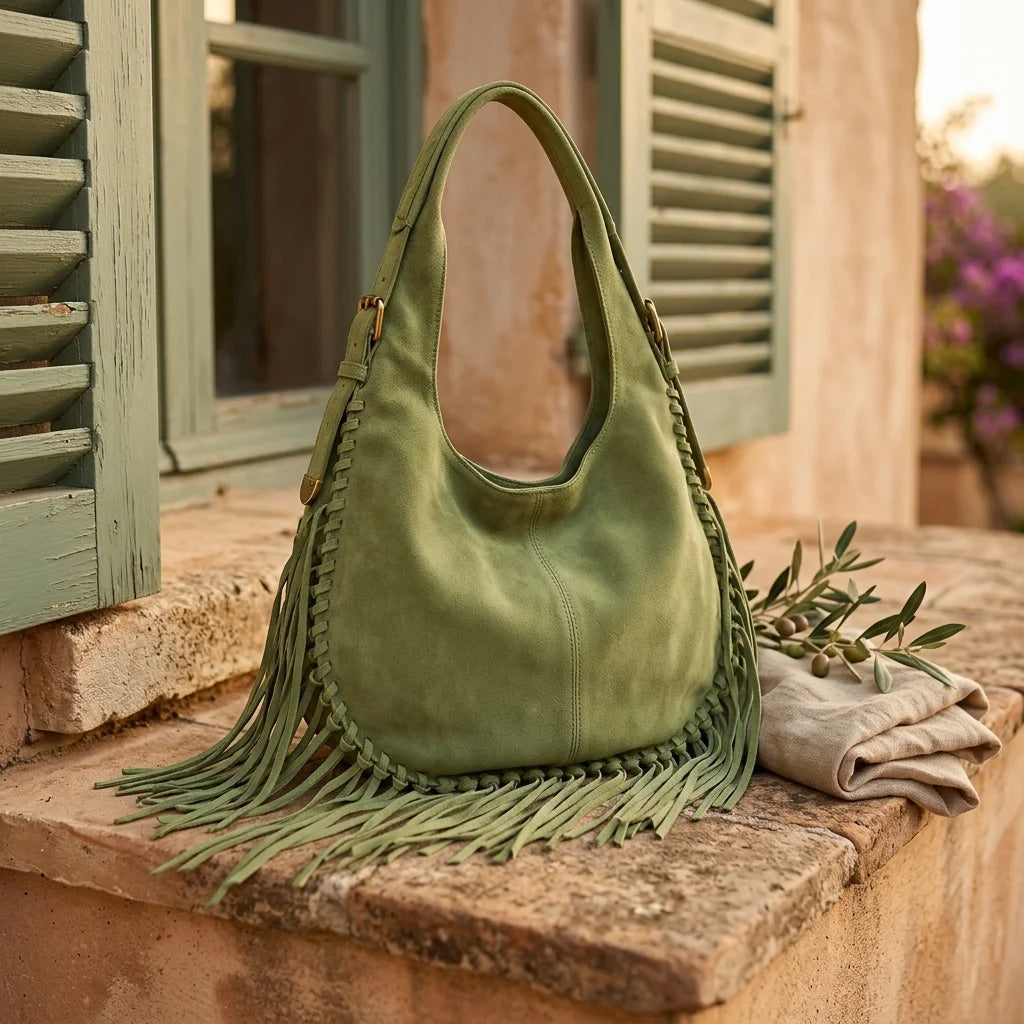 Green bag with fringe tassel styled in a warm Mediterranean setting