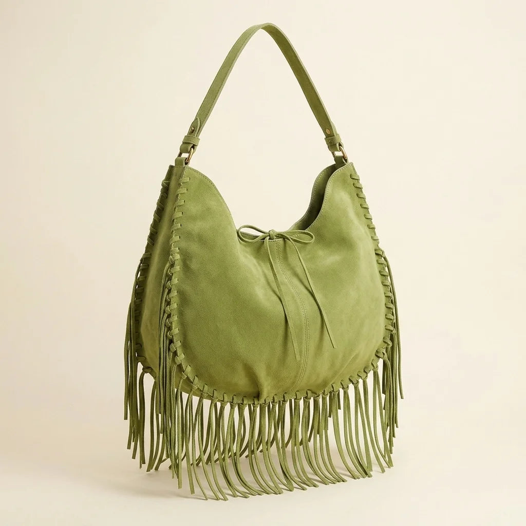 Green bag with fringe tassel, three-quarter angle showing side depth