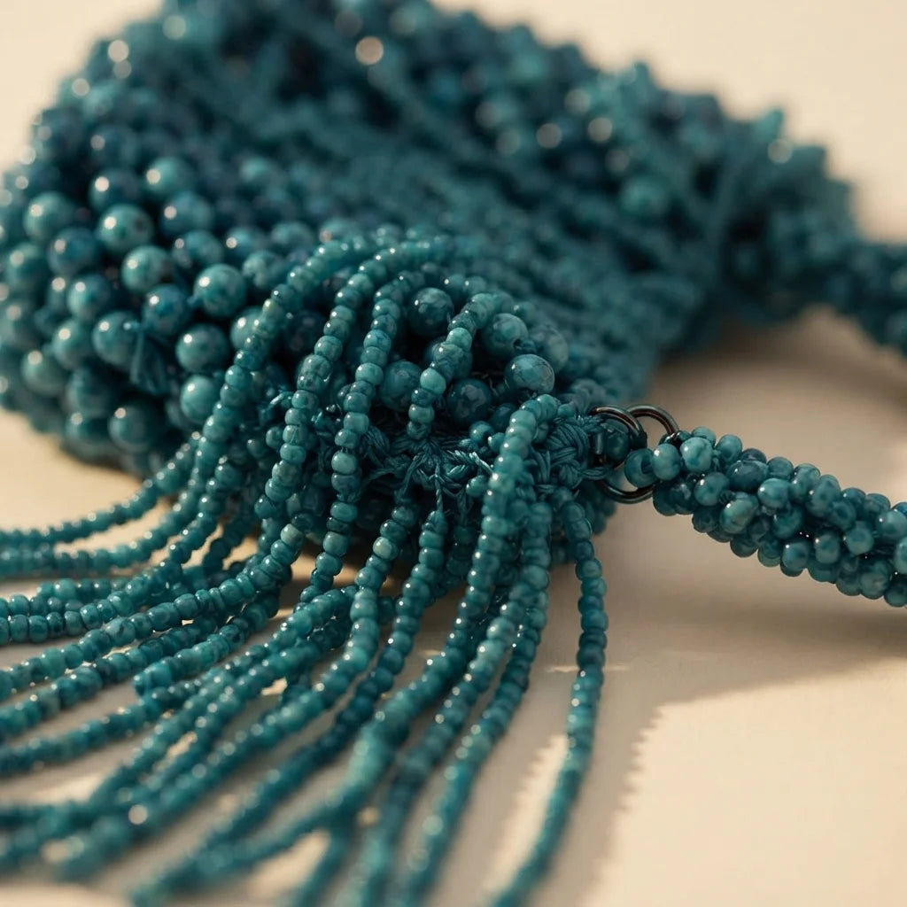 Close-up of fringe stitching and texture on Blue beaded fringe clutch bag