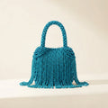 Blue beaded fringe clutch bag, front view