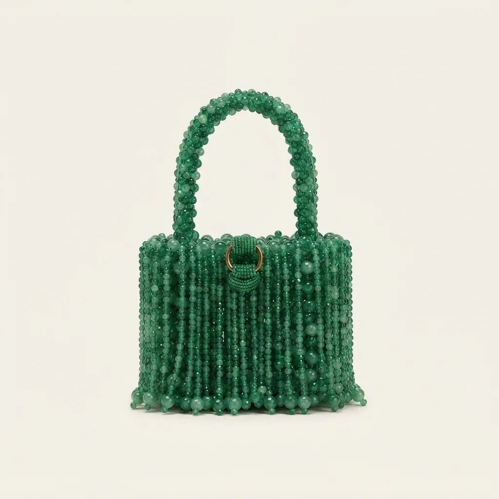 Back panel of Green beaded fringe clutch bag with strap attachments