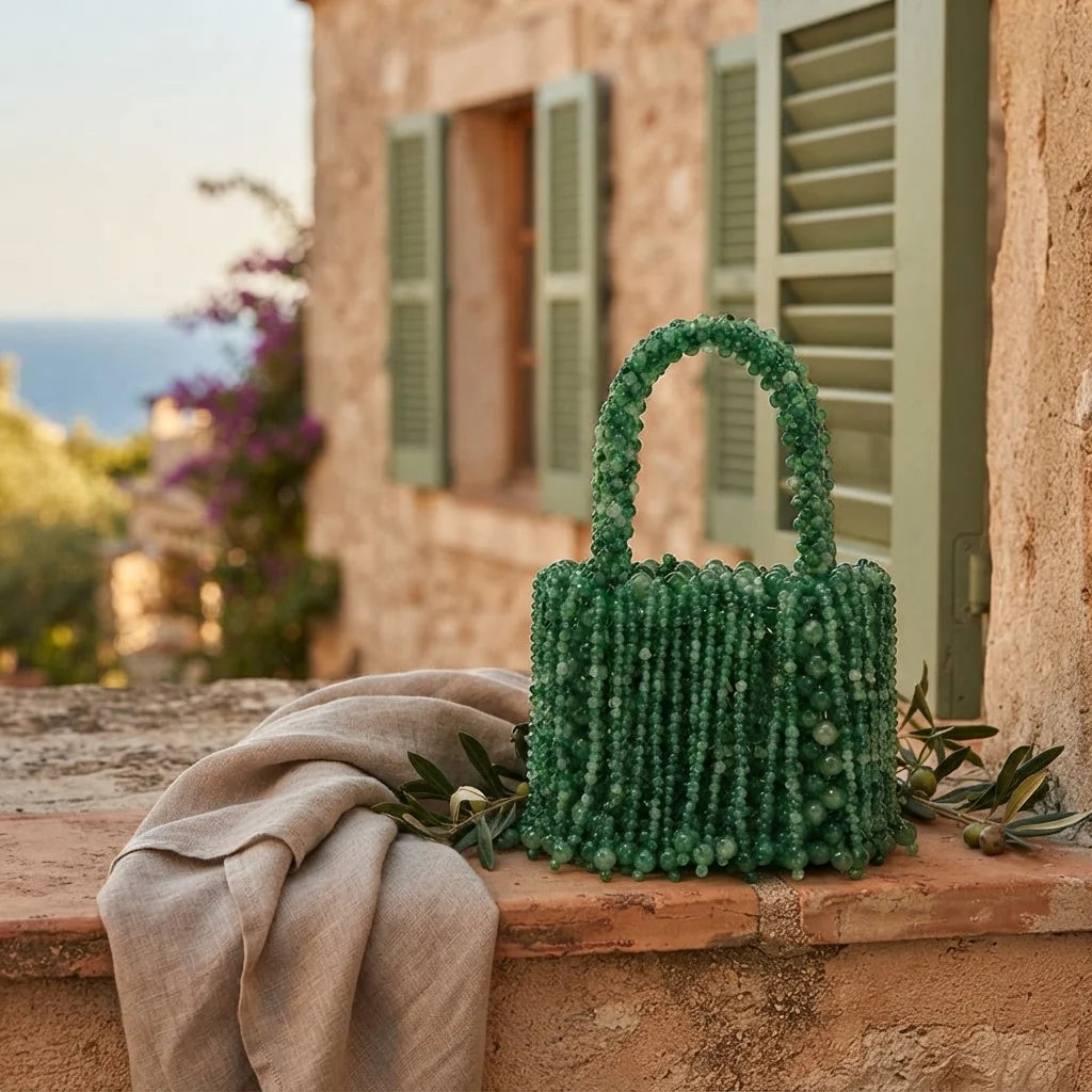Green beaded fringe clutch bag styled in a warm Mediterranean setting