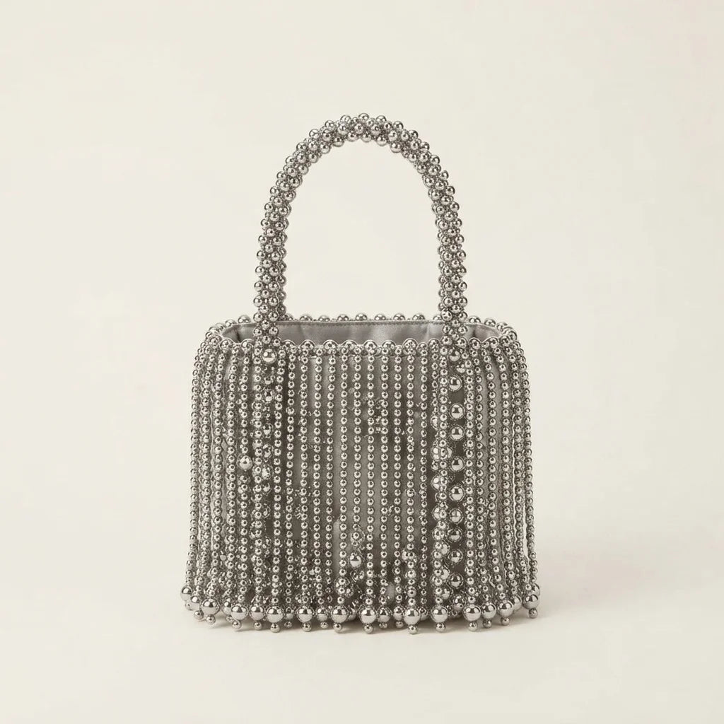Back panel of Silver Grey beaded fringe clutch bag with strap attachments