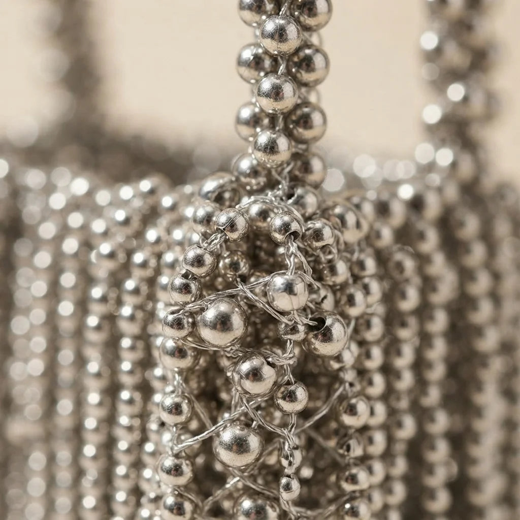 Close-up of fringe stitching and texture on Silver Grey beaded fringe clutch bag