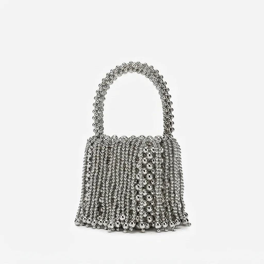 Silver Grey beaded fringe clutch bag, front view