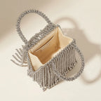 Interior lining and pockets of Silver Grey beaded fringe clutch bag