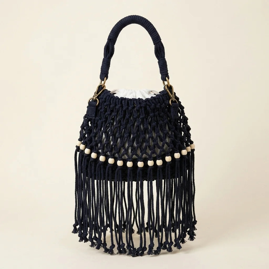 Back panel of Black beaded fringe shoulder bag with strap attachments