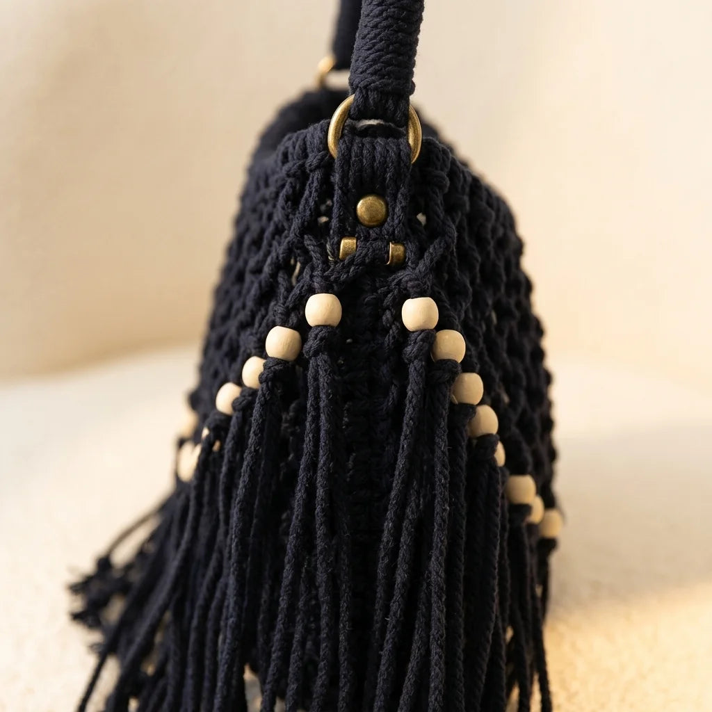 Close-up of fringe stitching and texture on Black beaded fringe shoulder bag