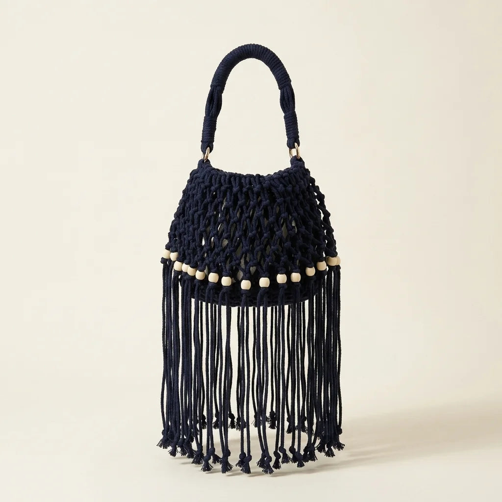 Black beaded fringe shoulder bag, front view