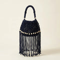 Black beaded fringe shoulder bag, front view