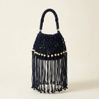 Black beaded fringe shoulder bag, front view