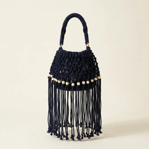 Black beaded fringe shoulder bag, front view