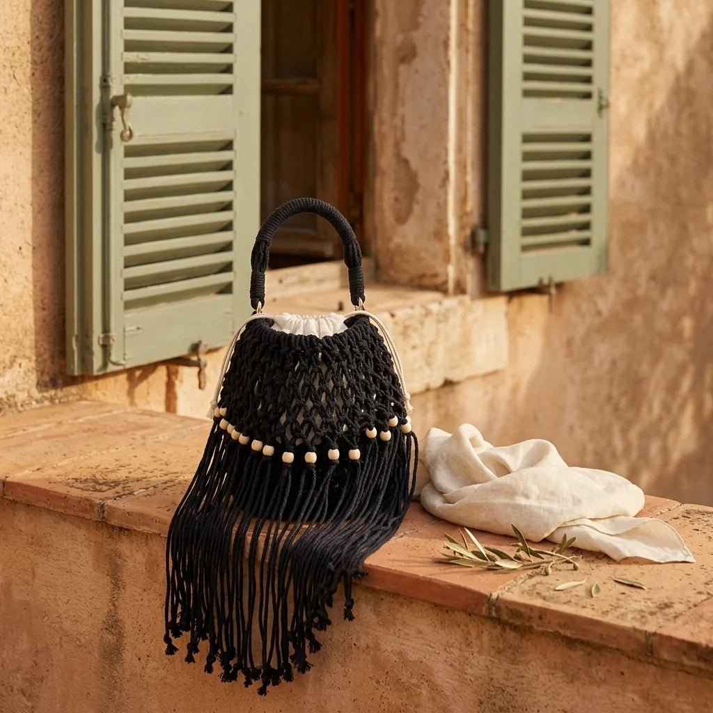 Black beaded fringe shoulder bag styled in a warm Mediterranean setting