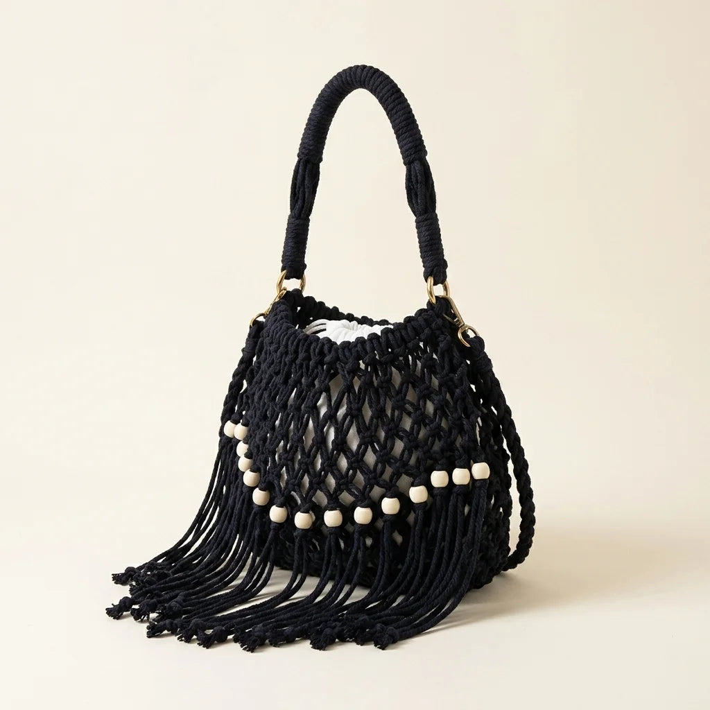 Black beaded fringe shoulder bag, three-quarter angle showing side depth