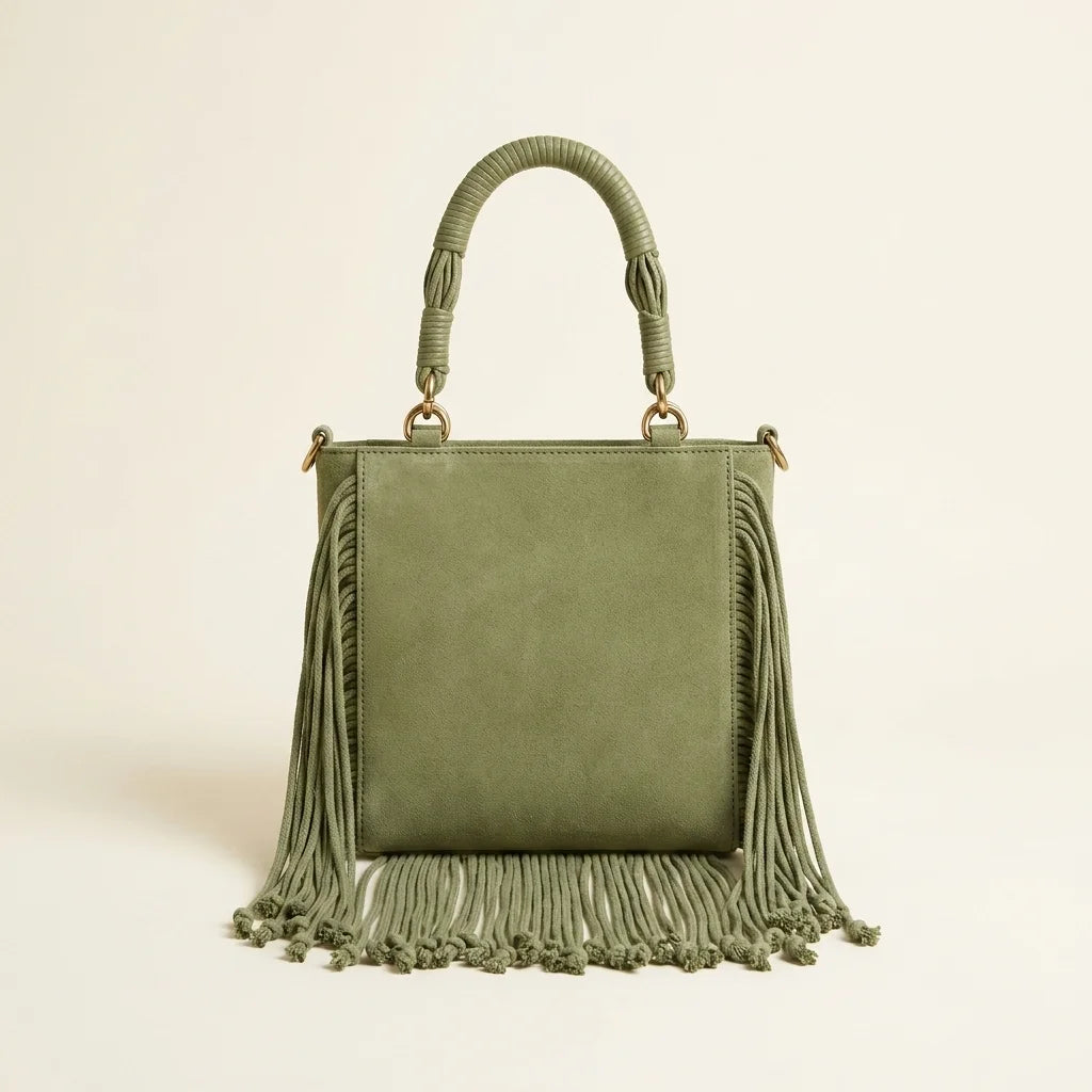 Back panel of Green beaded fringe shoulder bag with strap attachments