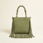 Back panel of Green beaded fringe shoulder bag with strap attachments