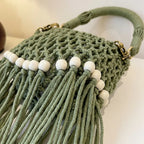 Close-up of fringe stitching and texture on Green beaded fringe shoulder bag
