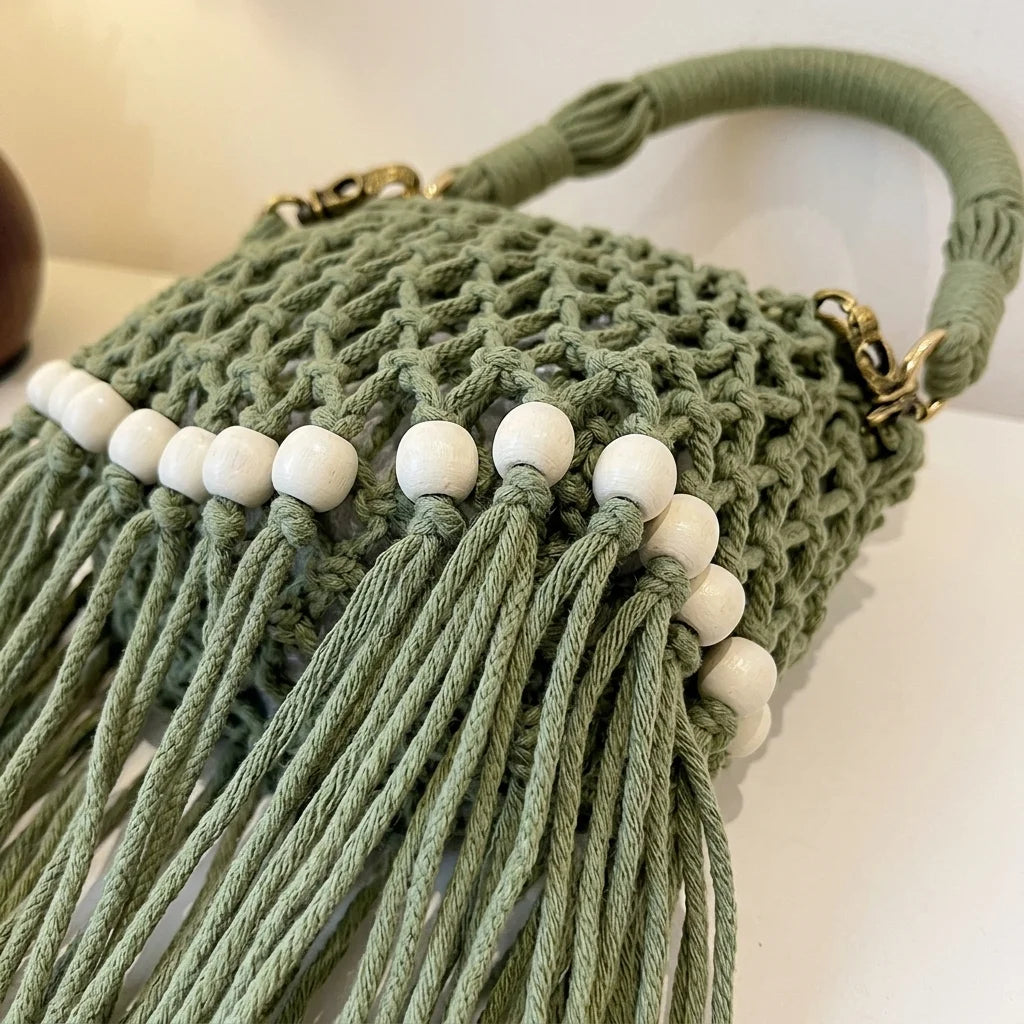 Close-up of fringe stitching and texture on Green beaded fringe shoulder bag