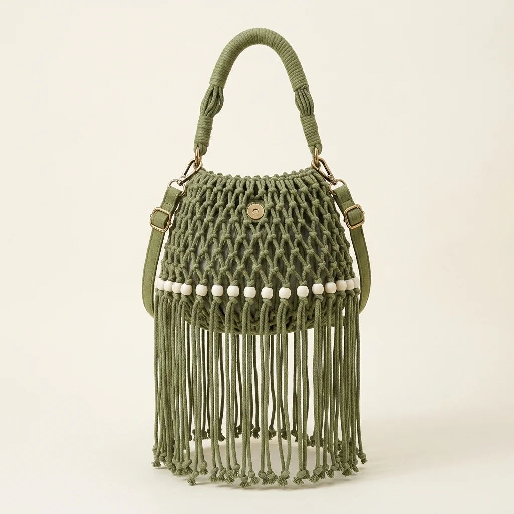 Green beaded fringe shoulder bag, front view