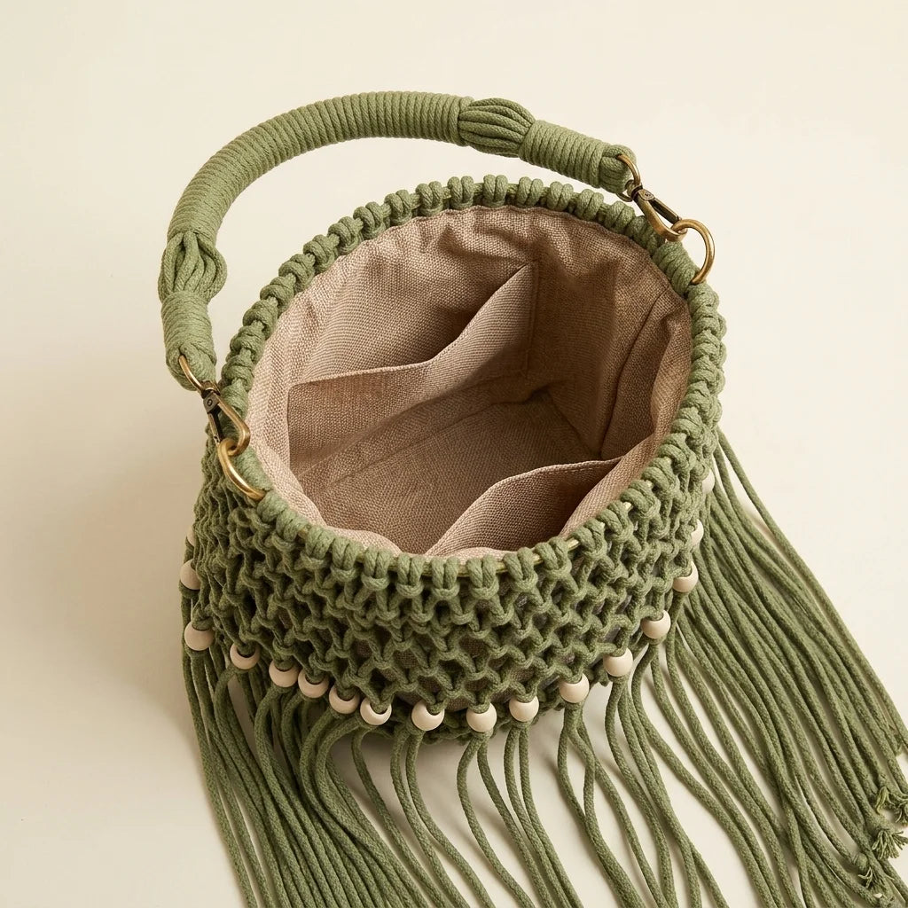 Interior lining and pockets of Green beaded fringe shoulder bag