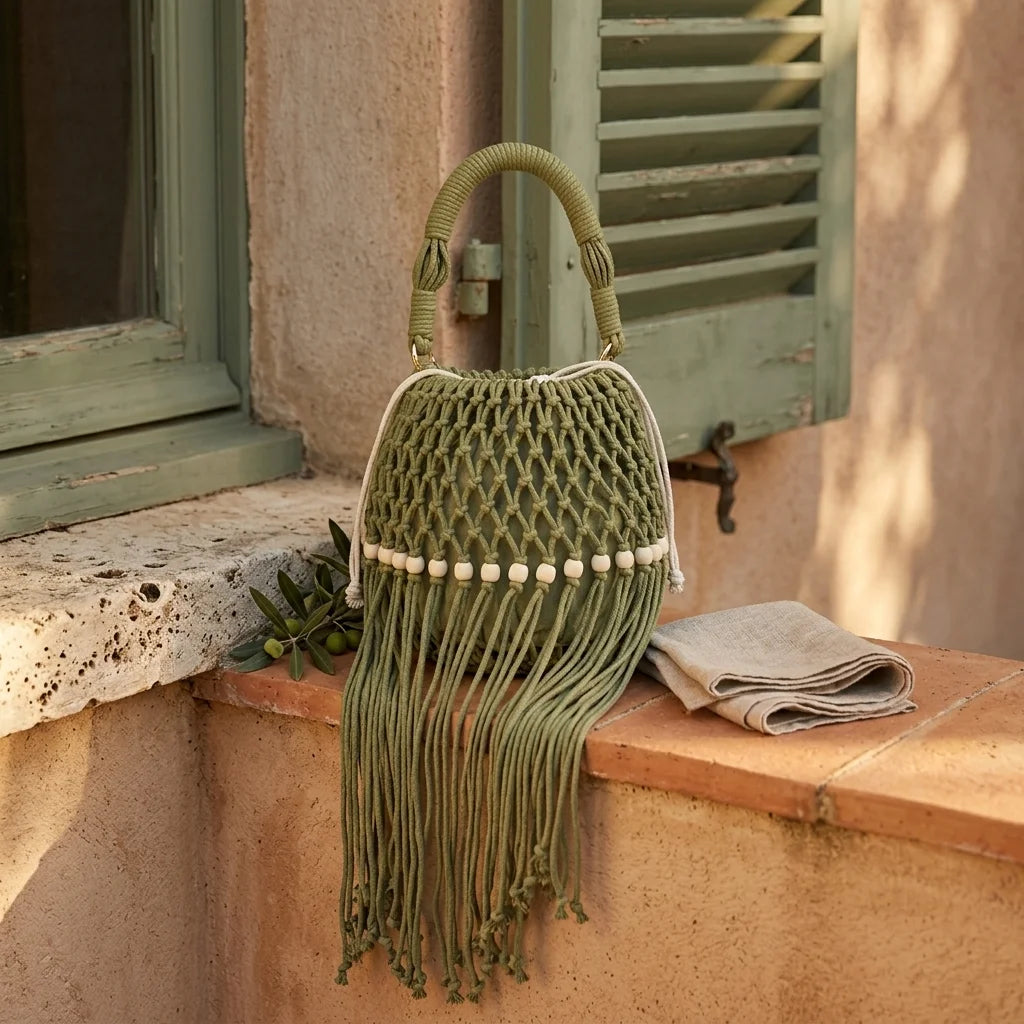 Green beaded fringe shoulder bag styled in a warm Mediterranean setting