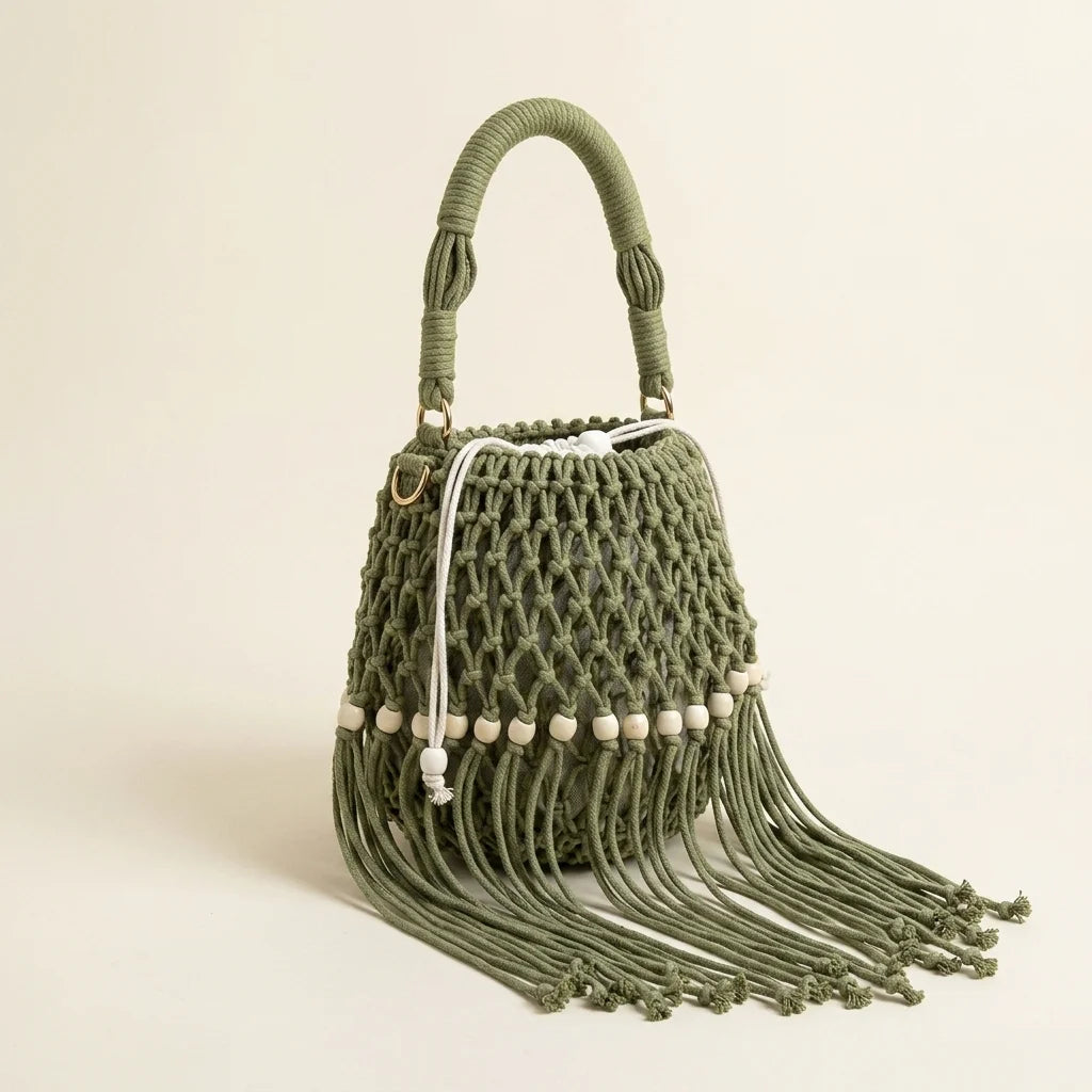 Green beaded fringe shoulder bag, three-quarter angle showing side depth