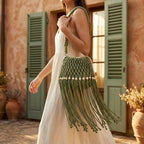 Woman wearing Green beaded fringe shoulder bag with swaying fringe