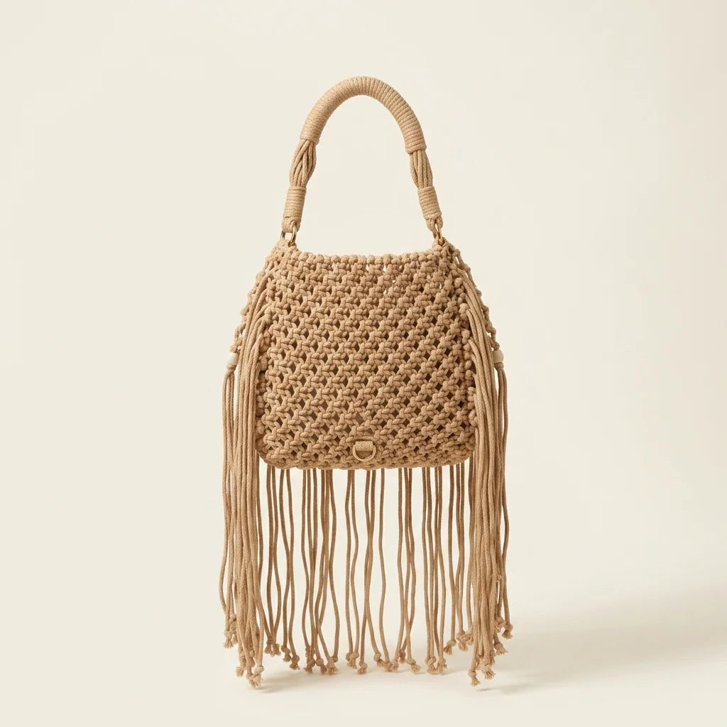 Back panel of Khaki beaded fringe shoulder bag with strap attachments