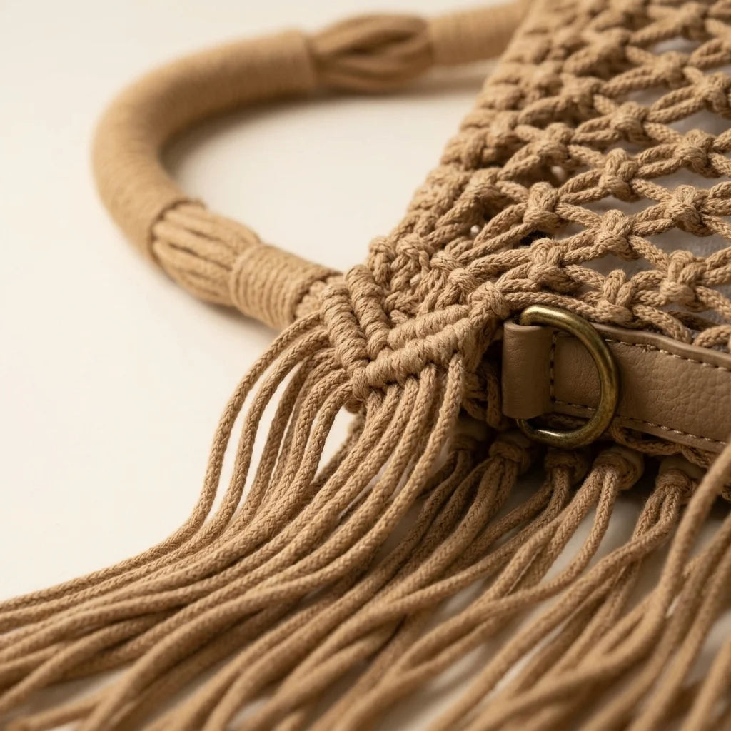 Close-up of fringe stitching and texture on Khaki beaded fringe shoulder bag