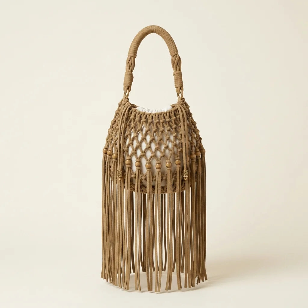 Khaki beaded fringe shoulder bag, front view