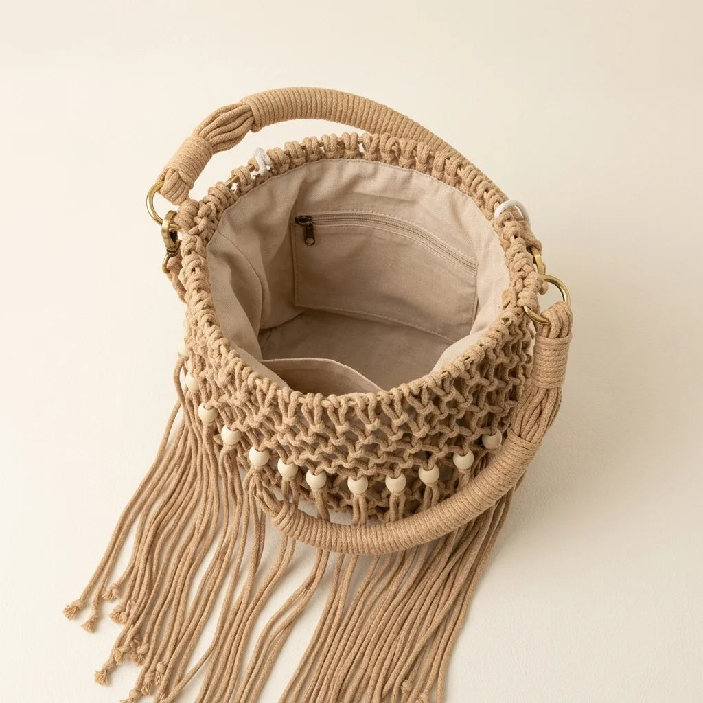 Interior lining and pockets of Khaki beaded fringe shoulder bag