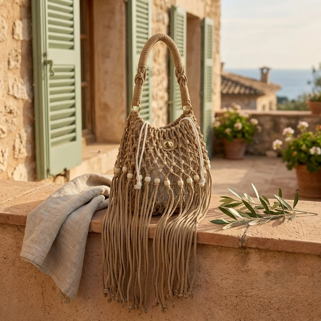 Khaki beaded fringe shoulder bag styled in a warm Mediterranean setting
