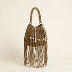 Khaki beaded fringe shoulder bag, three-quarter angle showing side depth