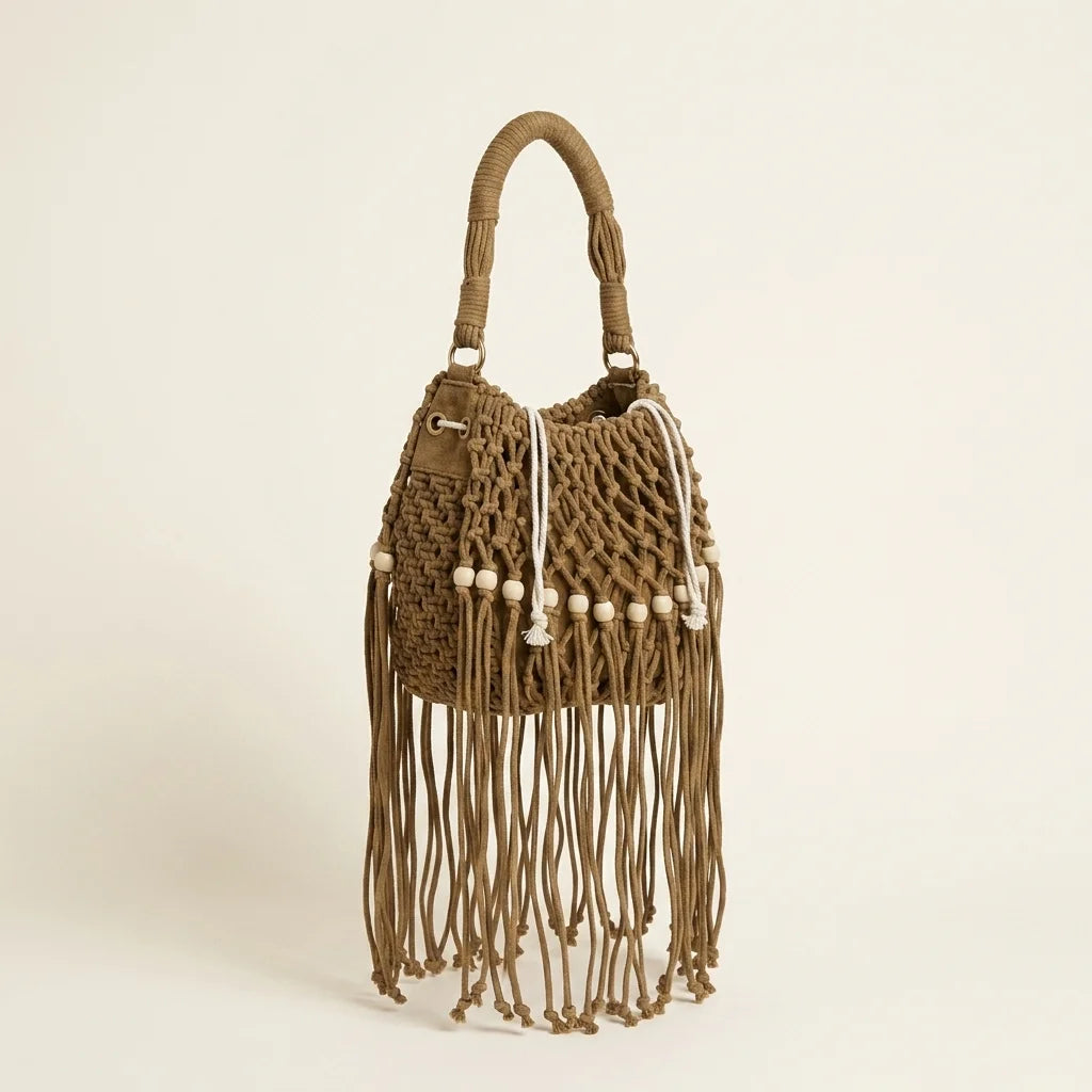 Khaki beaded fringe shoulder bag, three-quarter angle showing side depth