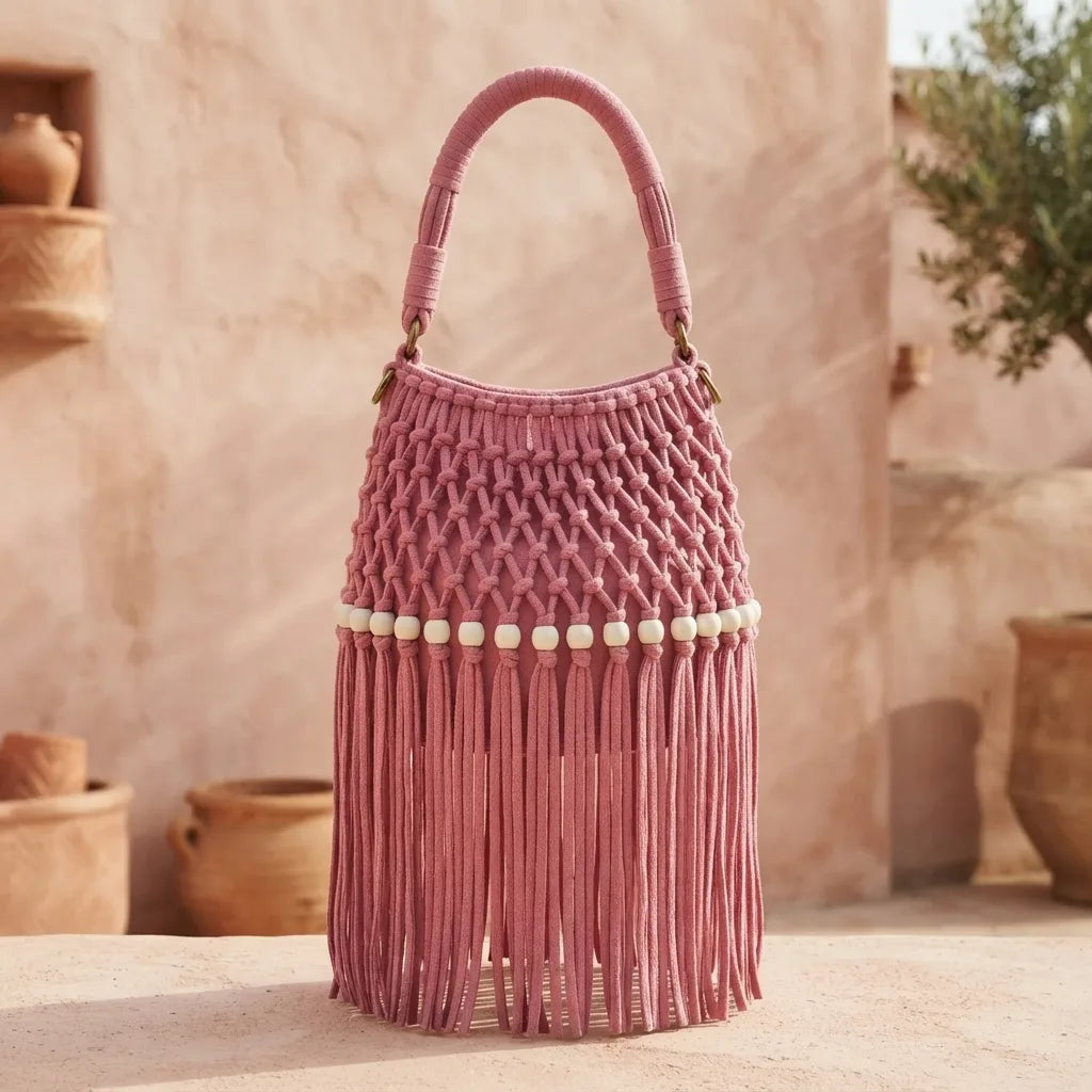 Back panel of Pink beaded fringe shoulder bag with strap attachments