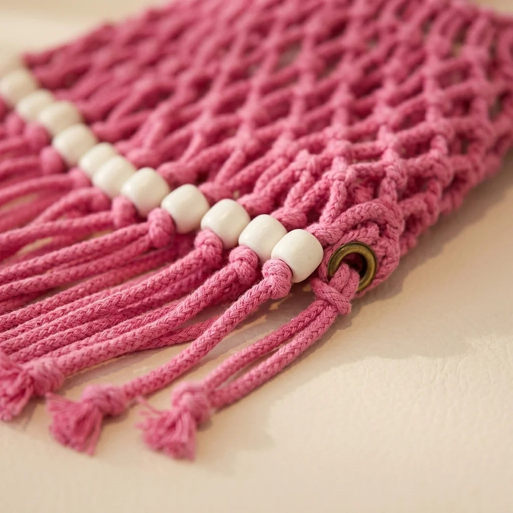 Close-up of fringe stitching and texture on Pink beaded fringe shoulder bag
