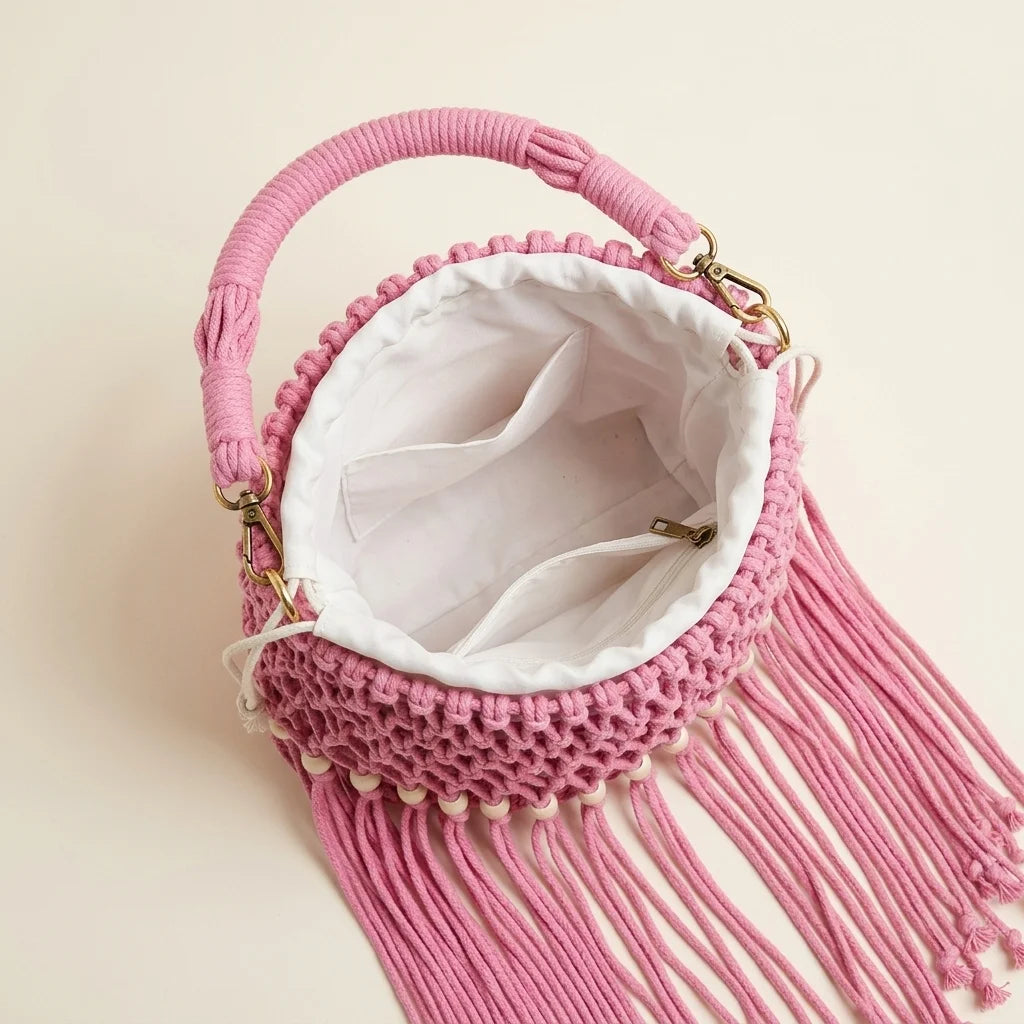 Interior lining and pockets of Pink beaded fringe shoulder bag
