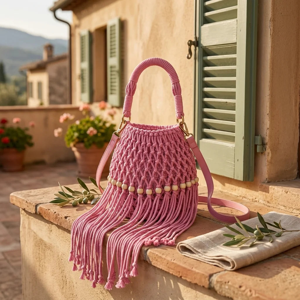 Pink beaded fringe shoulder bag styled in a warm Mediterranean setting