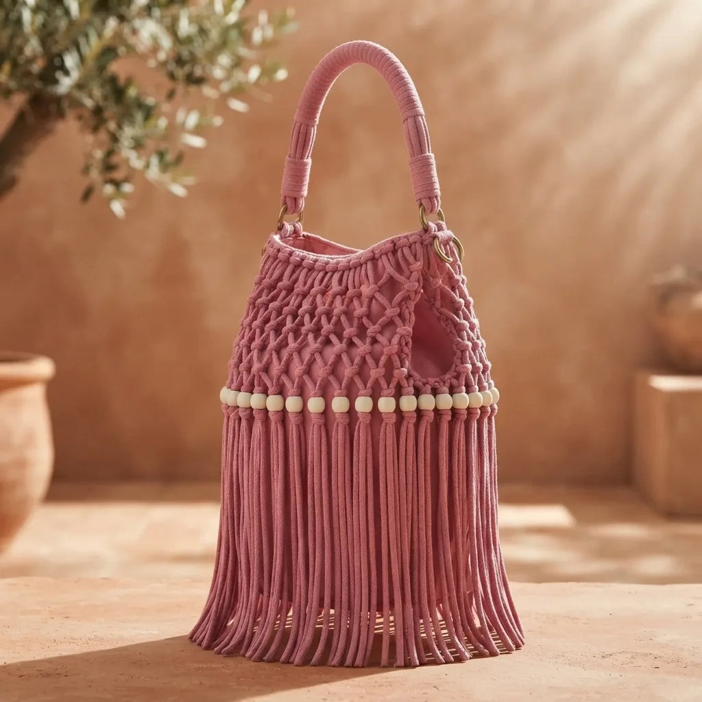 Pink beaded fringe shoulder bag, three-quarter angle showing side depth
