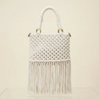 Back panel of White beaded fringe shoulder bag with strap attachments