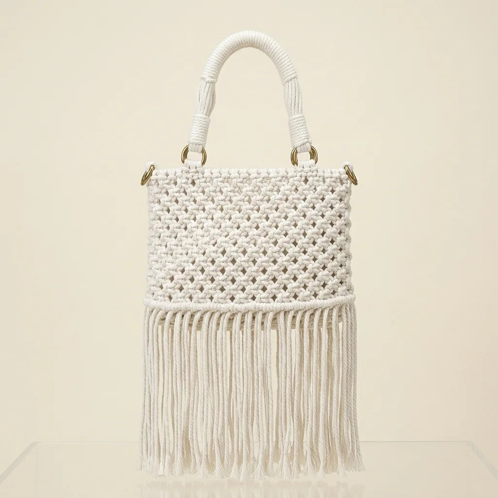 Back panel of White beaded fringe shoulder bag with strap attachments