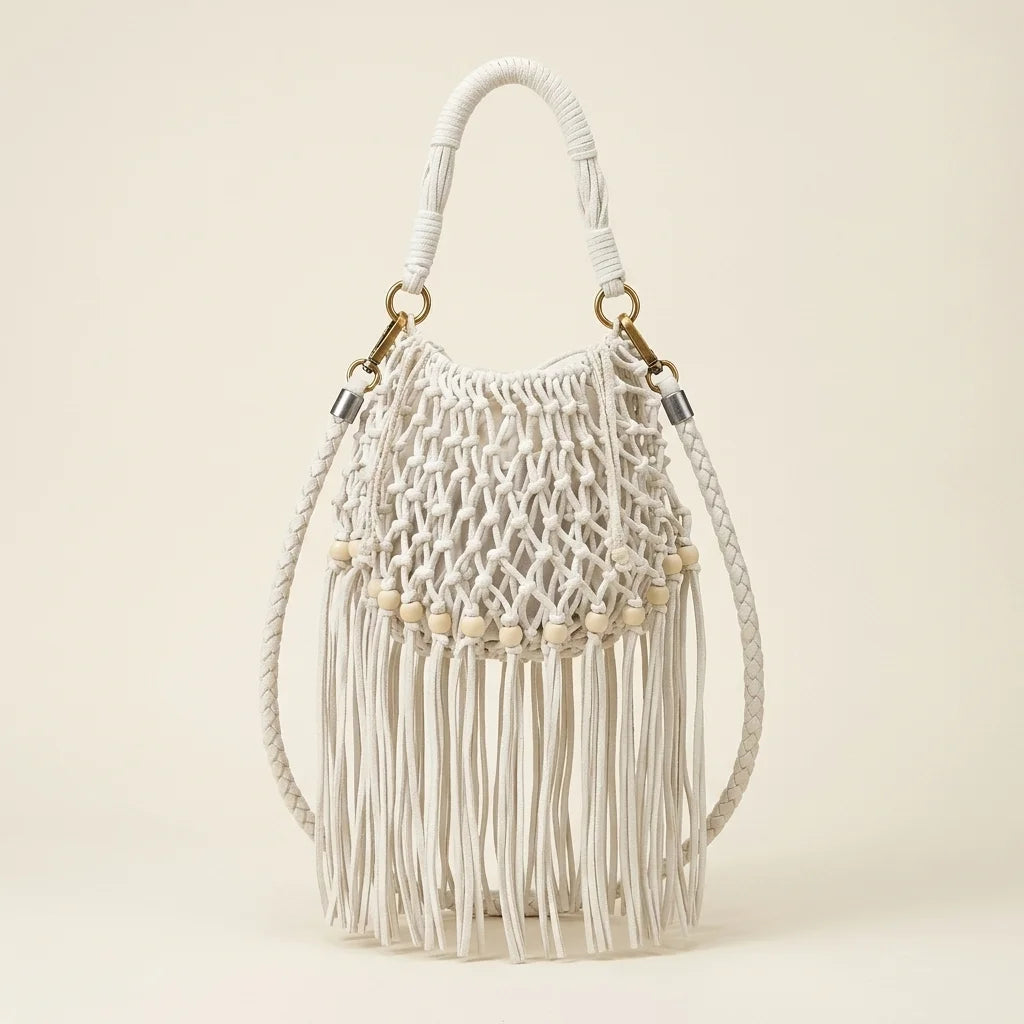White beaded fringe shoulder bag, front view
