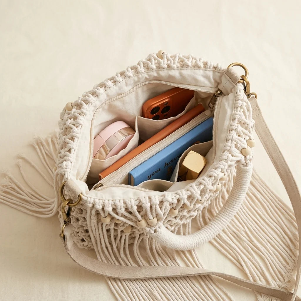 Interior lining and pockets of White beaded fringe shoulder bag